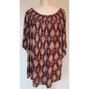 Signature I Studio Women's 1X Burgundy Print Boho Blouse w/Smocking at the Neck